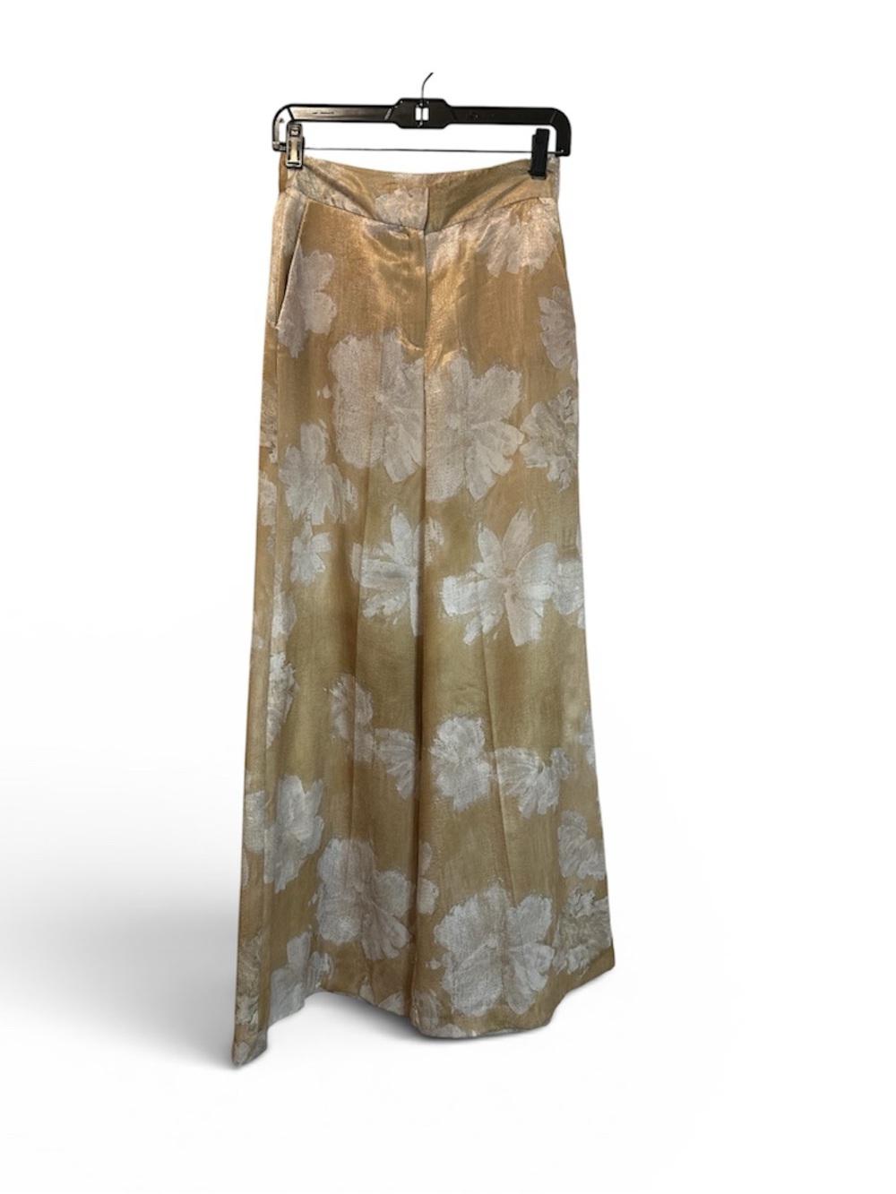 Zara Metallic Gold Floral Satin Effect Wide Leg Trousers